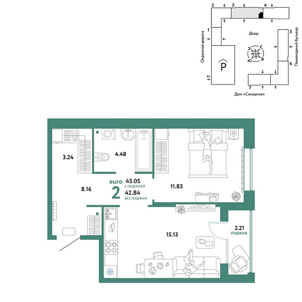 Новая 2-к квартира
 45.05 м² на 2/16 этаже в ЖК «Юнион» в городе Тюмень 