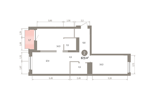 Количество комнат: 2,  67.6 кв.м.