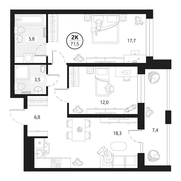 Новая 2-к квартира
 71.5 м² на 6/22 этаже в ЖК «Маэстро» в городе Тюмень 