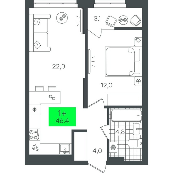 Новая 1-к квартира
 46.42 м² на 8/22 этаже в ЖК «Гранд Квартал» в городе Тюмень 