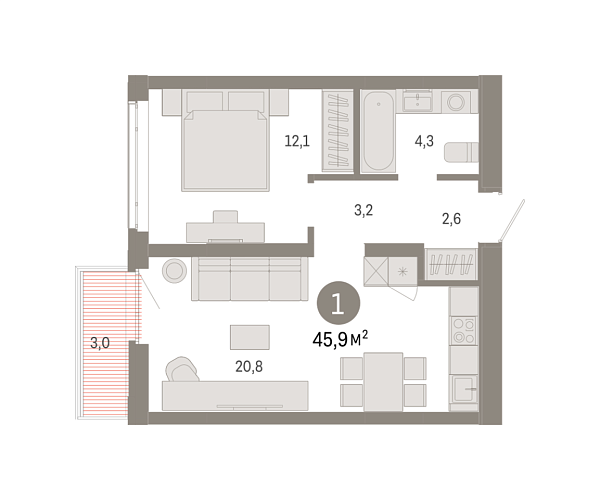Новая 1-к квартира
 45.89 м² на 5/9 этаже в ЖК «Республики 205» в городе Тюмень 