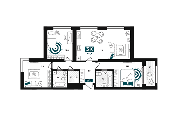 Новая 3-к квартира
 90.8 м² на 11/23 этаже в ЖК «Добро» в городе Тюмень 