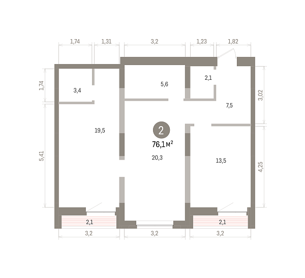 Количество комнат: 2,  76.1 кв.м.