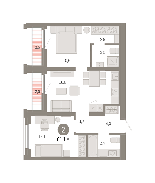 Новая 2-к квартира
 61.05 м² на 6/7 этаже в ЖК «Зарека» в городе Тюмень 