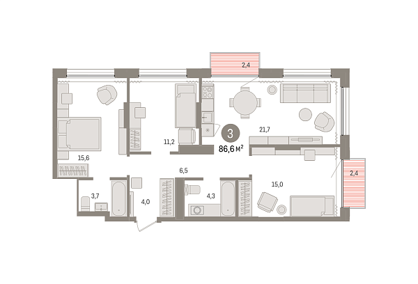 Новая 3-к квартира
 86.63 м² на 16/17 этаже в ЖК «Октябрьский на Туре» в городе Тюмень 