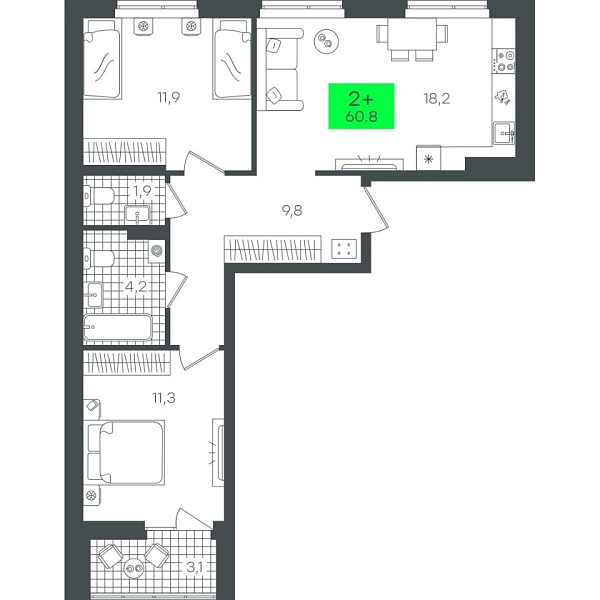 Новая 2-к квартира
 60.8 м² на 3/22 этаже в ЖК «Гранд Квартал» в городе Тюмень 