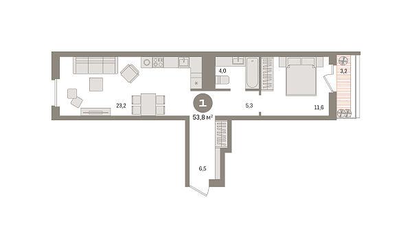 Новая 1-к квартира
 53.76 м² на 8/8 этаже в ЖК «Новин» в городе Тюмень 