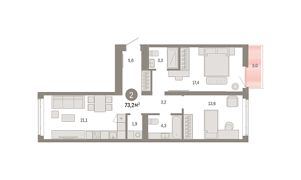 Новая 2-к квартира
 73.18 м² на 5/9 этаже в ЖК «Республики 205» в городе Тюмень 