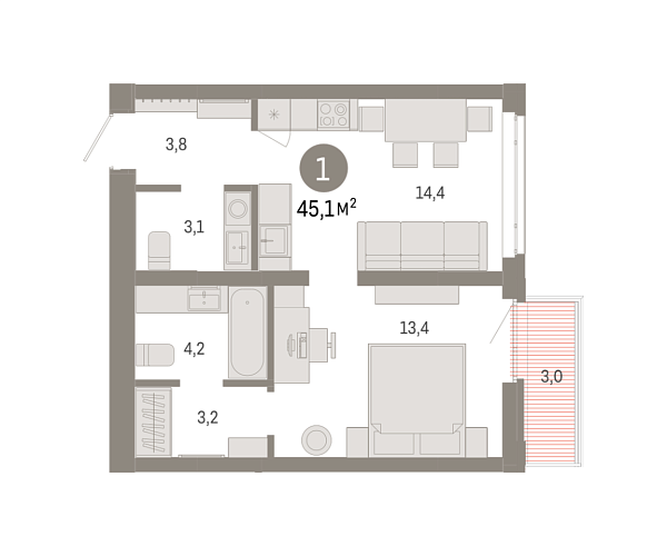 Новая 1-к квартира
 45.05 м² на 2/8 этаже в ЖК «Республики 205» в городе Тюмень 