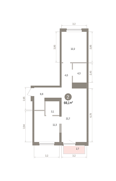 Количество комнат: 2,  66.1 кв.м.