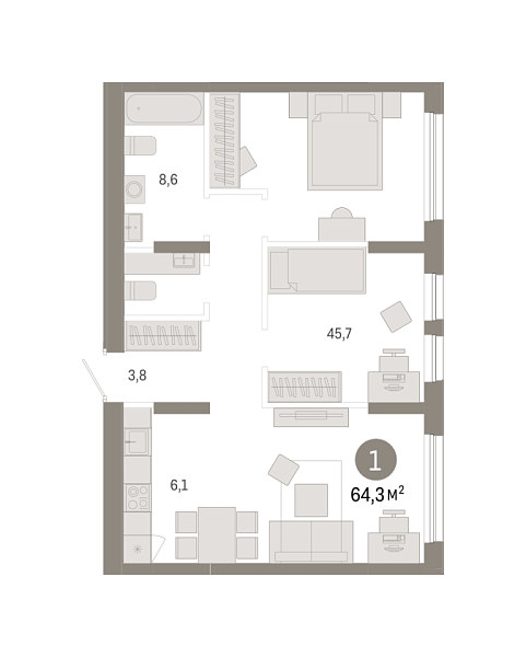 Новая 1-к квартира
 64.25 м² на 3/9 этаже в ЖК «Республики 205» в городе Тюмень 