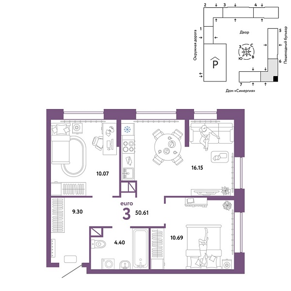 Новая 3-к квартира
 50.61 м² на 5/16 этаже в ЖК «Юнион» в городе Тюмень 