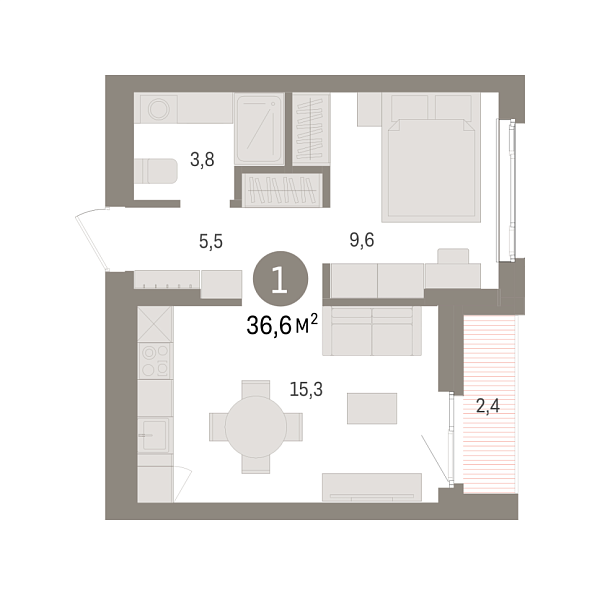 Новая 1-к квартира
 36.6 м² на 5/7 этаже в ЖК «Квартал «Траектория»» в городе Тюмень 