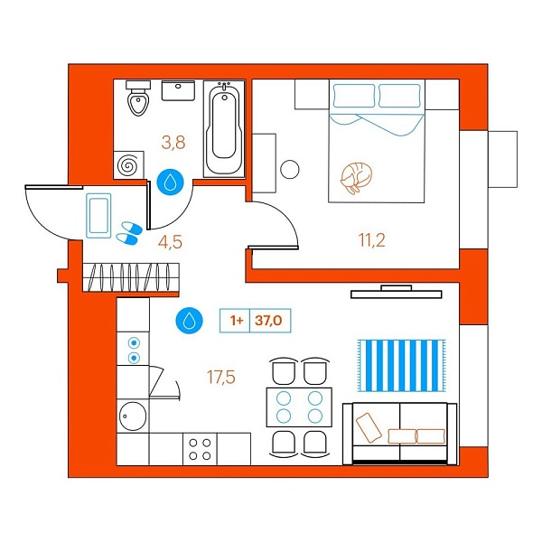 Новая 1-к квартира
 36.8 м² на 21/22 этаже в ЖК «SuperSky» в городе Тюмень 