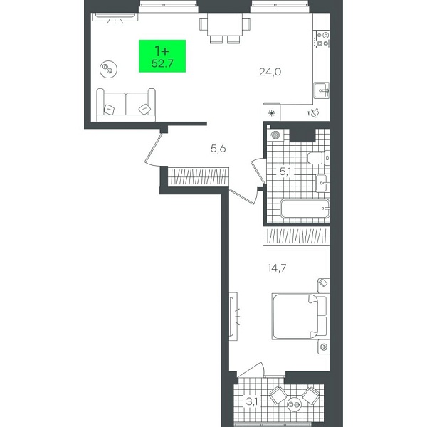 Новая 1-к квартира
 52.71 м² на 4/22 этаже в ЖК «Гранд Квартал» в городе Тюмень 