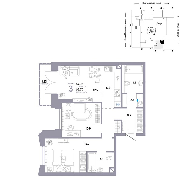 Новая 3-к квартира
 67.03 м² на 8/30 этаже в ЖК «Страна.Озёрная» в городе Тюмень 