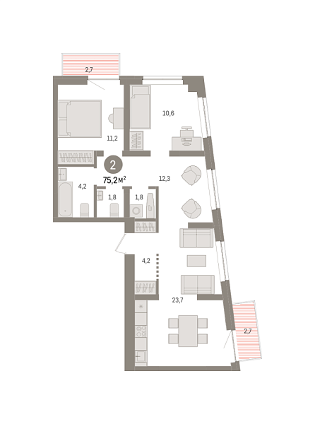 Новая 2-к квартира
 75.2 м² на 4/8 этаже в ЖК «Речной порт» в городе Тюмень 