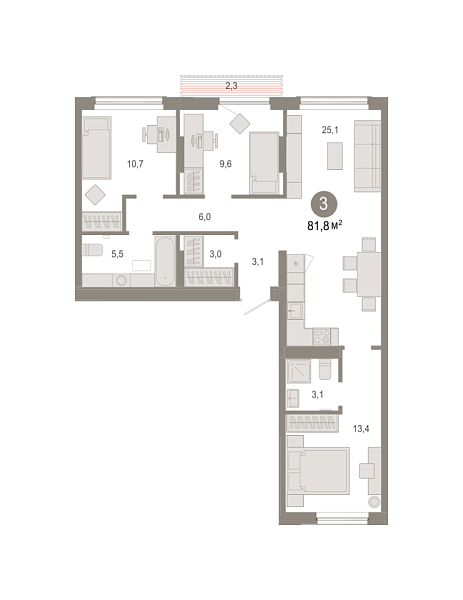 Новая 3-к квартира
 81.83 м² на 5/9 этаже в ЖК «Октябрьский на Туре» в городе Тюмень 