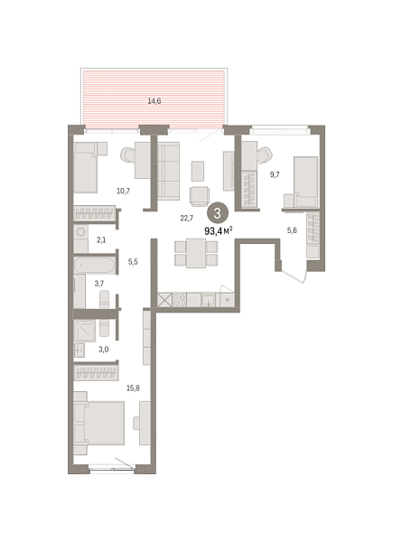 Новая 3-к квартира
 93.4 м² на 2/8 этаже в ЖК «Южные кварталы» в городе Тюмень 