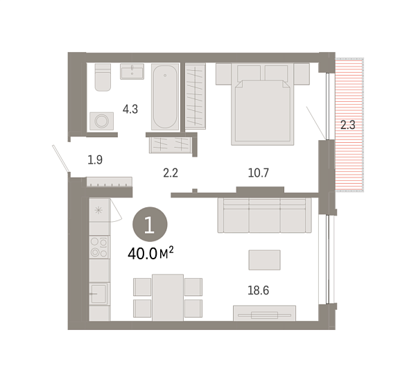 Новая 1-к квартира
 39.99 м² на 2/8 этаже в ЖК «Октябрьский на Туре» в городе Тюмень 