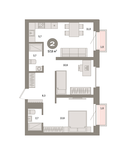 Новая 2-к квартира
 57.8 м² на 8/31 этаже в ЖК «Квартал «Метроном»» в городе Тюмень 