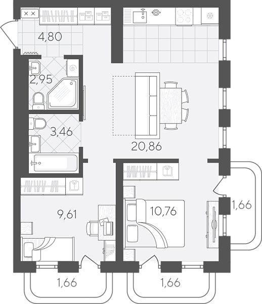 Новая 2-к квартира
 57.42 м² на 9/24 этаже в ЖК «Скандиа. Квартал в Слободе» в городе Тюмень 