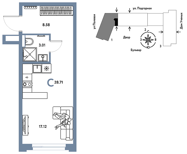 Новая квартира-студия
 28.76 м² на 2/16 этаже в ЖК «Авторский» в городе Тюмень 