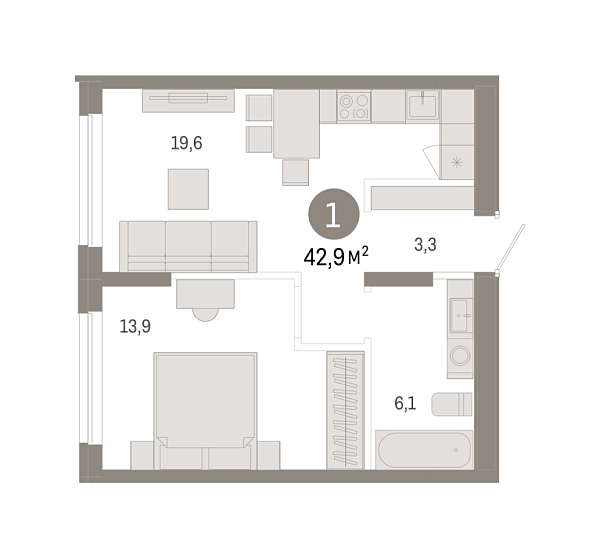 Новая 1-к квартира
 42.91 м² на 1/17 этаже в ЖК «Республики 205» в городе Тюмень 