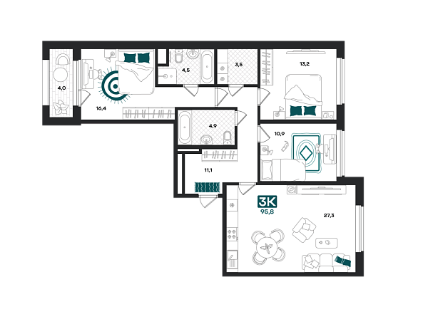 Новая 3-к квартира
 95.8 м² на 2/23 этаже в ЖК «Добро» в городе Тюмень 