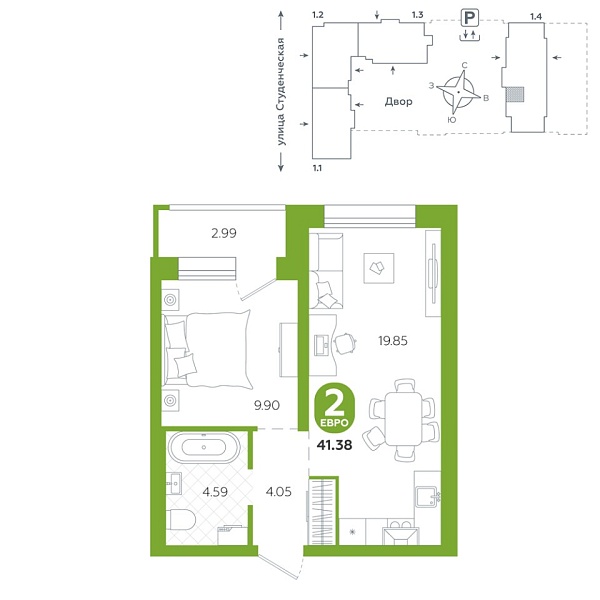 Новая 1-к квартира
 41.38 м² на 18/25 этаже в ЖК «Тёплые кварталы» в городе Тюмень 