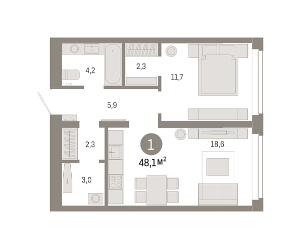 Новая 1-к квартира
 48.07 м² на 9/16 этаже в ЖК «Республики 205» в городе Тюмень 