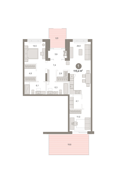 Новая 1-к квартира
 115.43 м² на 1/9 этаже в ЖК «Октябрьский на Туре» в городе Тюмень 