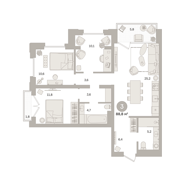 Новая 3-к квартира
 89.33 м² на 10/25 этаже в ЖК «Квартал «МОНС»» в городе Тюмень 