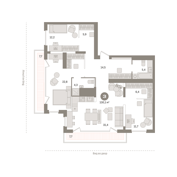 Новая 3-к квартира
 130.09 м² на 25/25 этаже в ЖК «Октябрьский на Туре» в городе Тюмень 