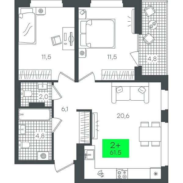Новая 2-к квартира
 61.57 м² на 8/22 этаже в ЖК «Гранд Квартал» в городе Тюмень 