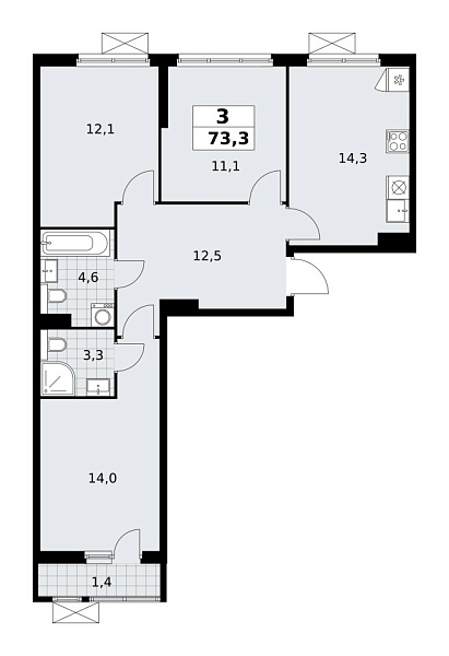 Новая 3-к квартира
 73.3 м² на 10/19 этаже в ЖК «Бунинские кварталы» в городе Тюмень 