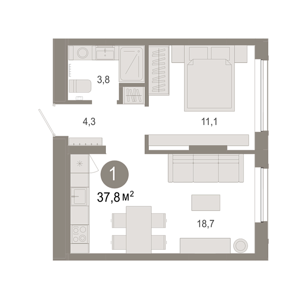 Новая 1-к квартира
 37.81 м² на 2/9 этаже в ЖК «Октябрьский на Туре» в городе Тюмень 