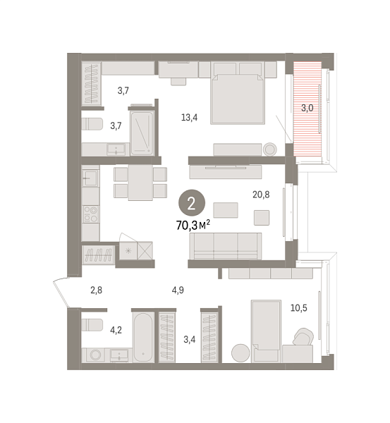 Новая 2-к квартира
 70.33 м² на 3/7 этаже в ЖК «Кварталы «На Минской»» в городе Тюмень 