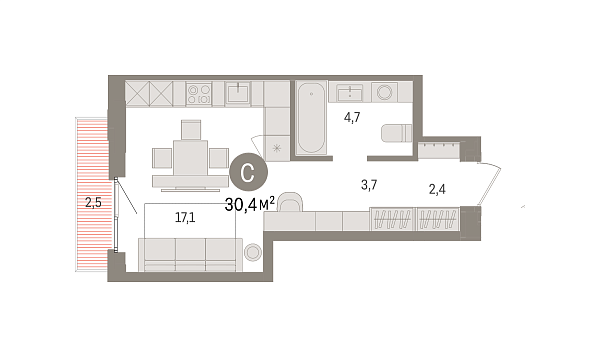 Новая квартира-студия
 30.4 м² на 14/16 этаже в ЖК «Квартал «Траектория»» в городе Тюмень 