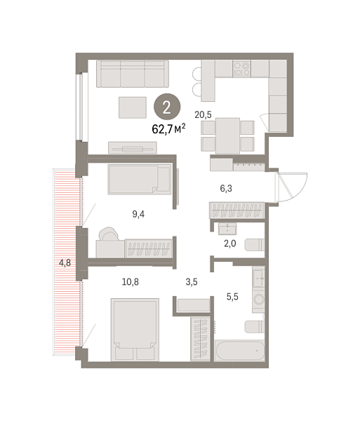 Новая 2-к квартира
 62.74 м² на 6/9 этаже в ЖК «Брусника в Академическом» в городе Тюмень 
