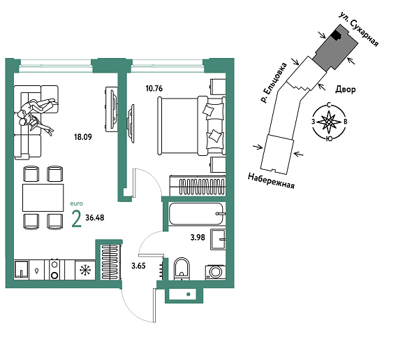 Новая 2-к квартира
 36.48 м² на 26/28 этаже в ЖК «Страна.Береговая» в городе Тюмень 
