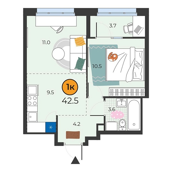 Новая 1-к квартира
 42.5 м² на 21/25 этаже в ЖК «Корней» в городе Тюмень 