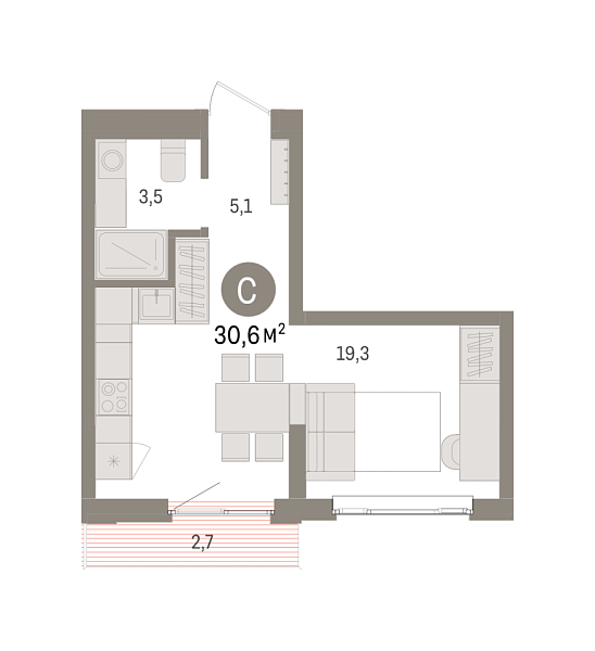 Новая квартира-студия
 30.6 м² на 7/9 этаже в ЖК «Квартал «Траектория»» в городе Тюмень 