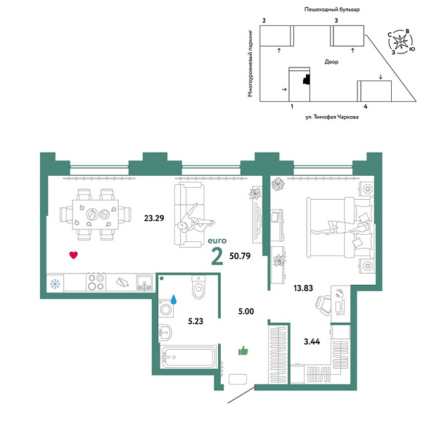 Новая 2-к квартира
 50.79 м² на 19/31 этаже в ЖК «Звёздный» в городе Тюмень 