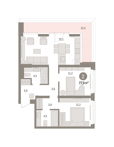 Новая 2-к квартира
 77.86 м² на 7/16 этаже в ЖК «Кварталы «На Минской»» в городе Тюмень 