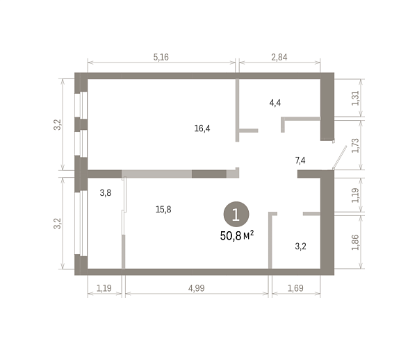 Количество комнат: 1,  50.83 кв.м.