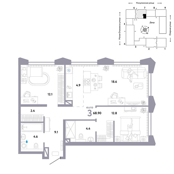 Новая 3-к квартира
 68.9 м² на 21/30 этаже в ЖК «Страна.Озёрная» в городе Тюмень 