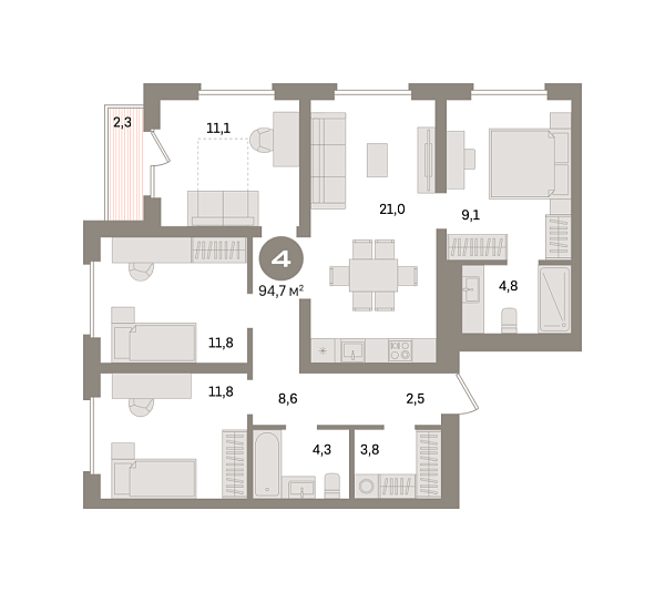 Новая 4-к квартира
 94.7 м² на 9/15 этаже в ЖК «Южные кварталы» в городе Тюмень 