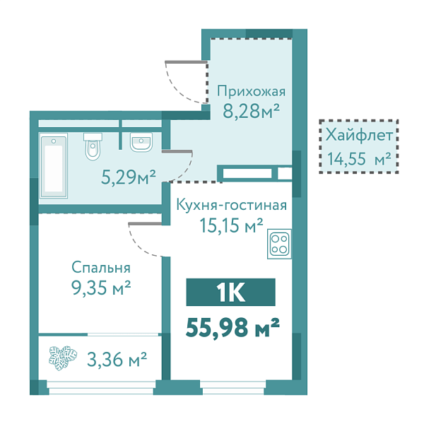 Новая 1-к квартира
 55.98 м² на 10/10 этаже в ЖК «Акватория» в городе Тюмень 