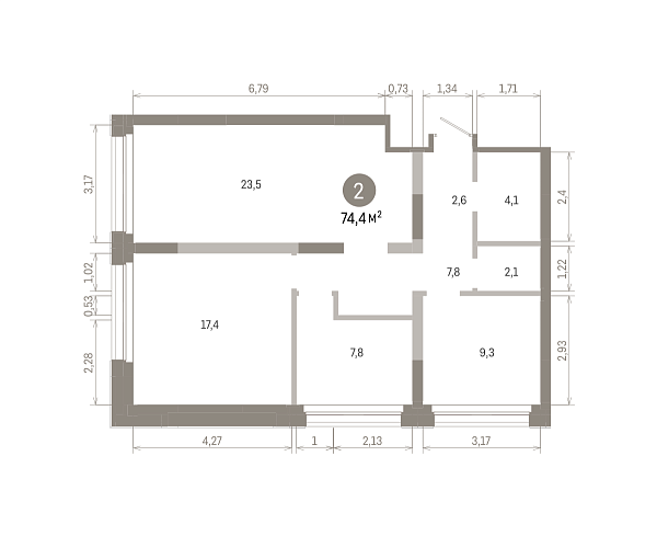 Количество комнат: 2,  74.43 кв.м.